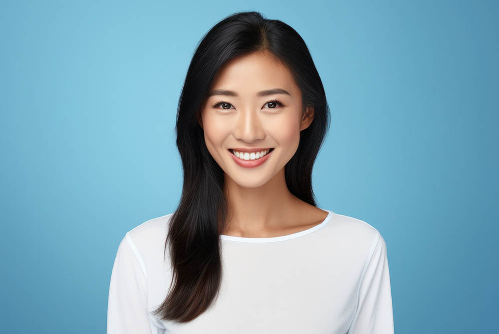 _0003_Pretty Asian woman with dark hair, wearing a white shirt and jumper, smiles pleasantly at the camera with a toothy